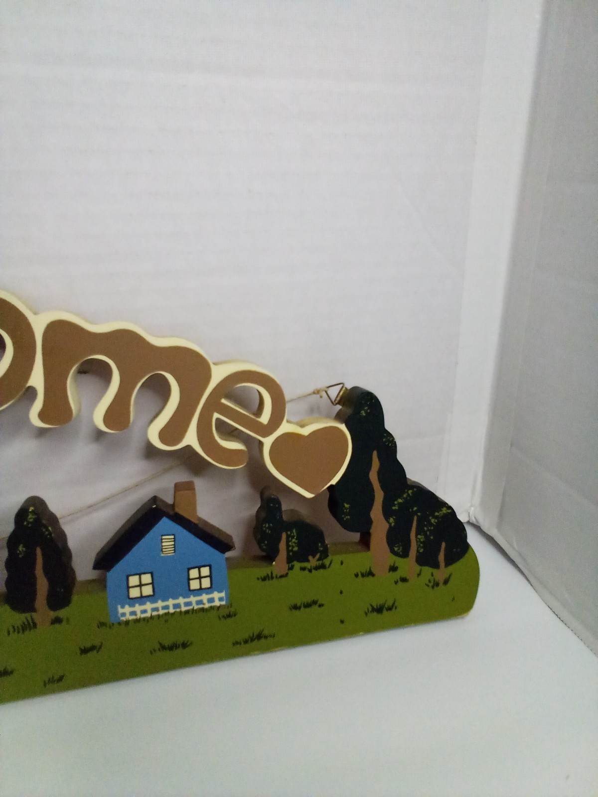Vintage Folk Art Welcome Sign Houses Trees Hand Painted Cottagecore 19″ x 7″