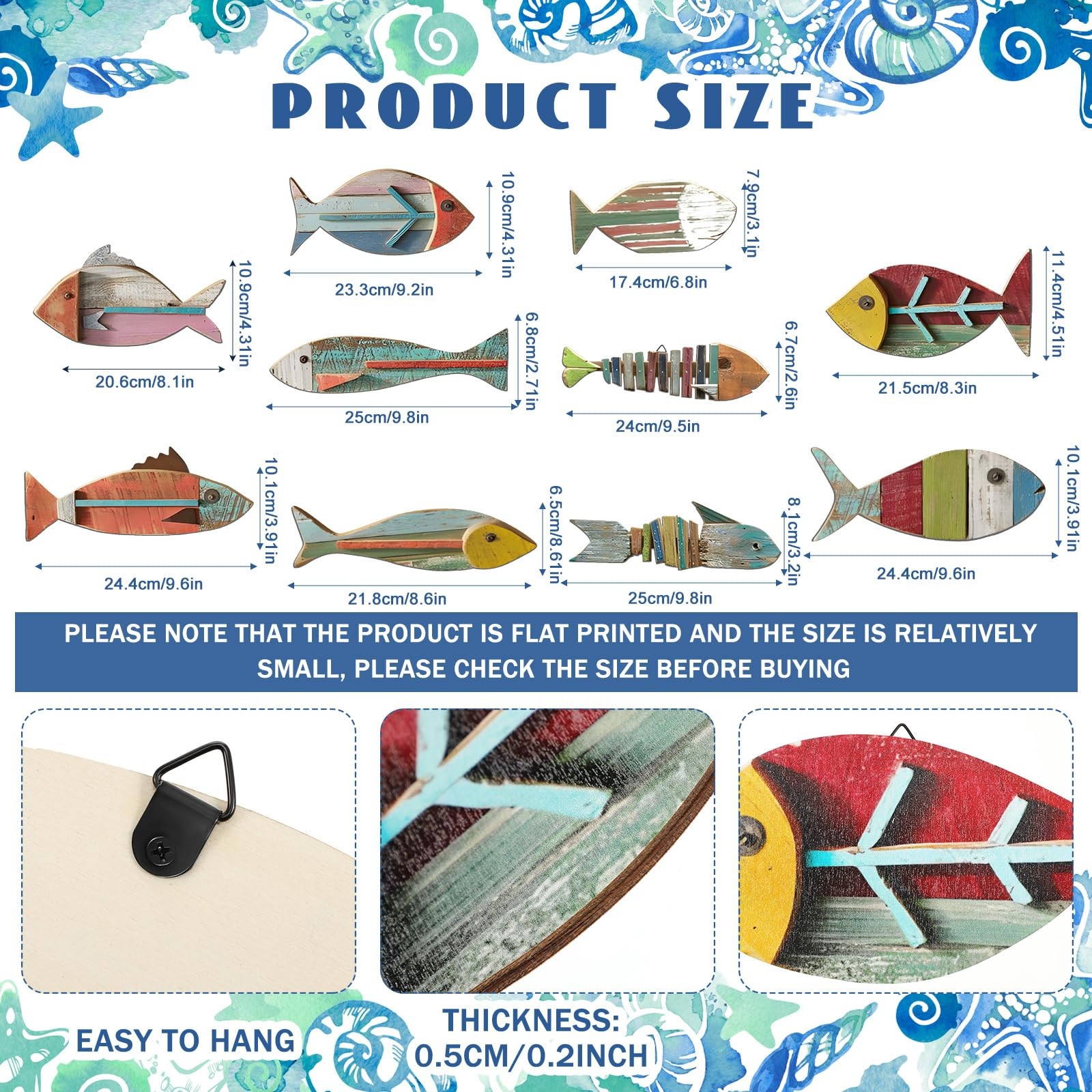10 Pcs Wooden Fish Wall Decor Wood School of Fish Coastal Wall Decor
