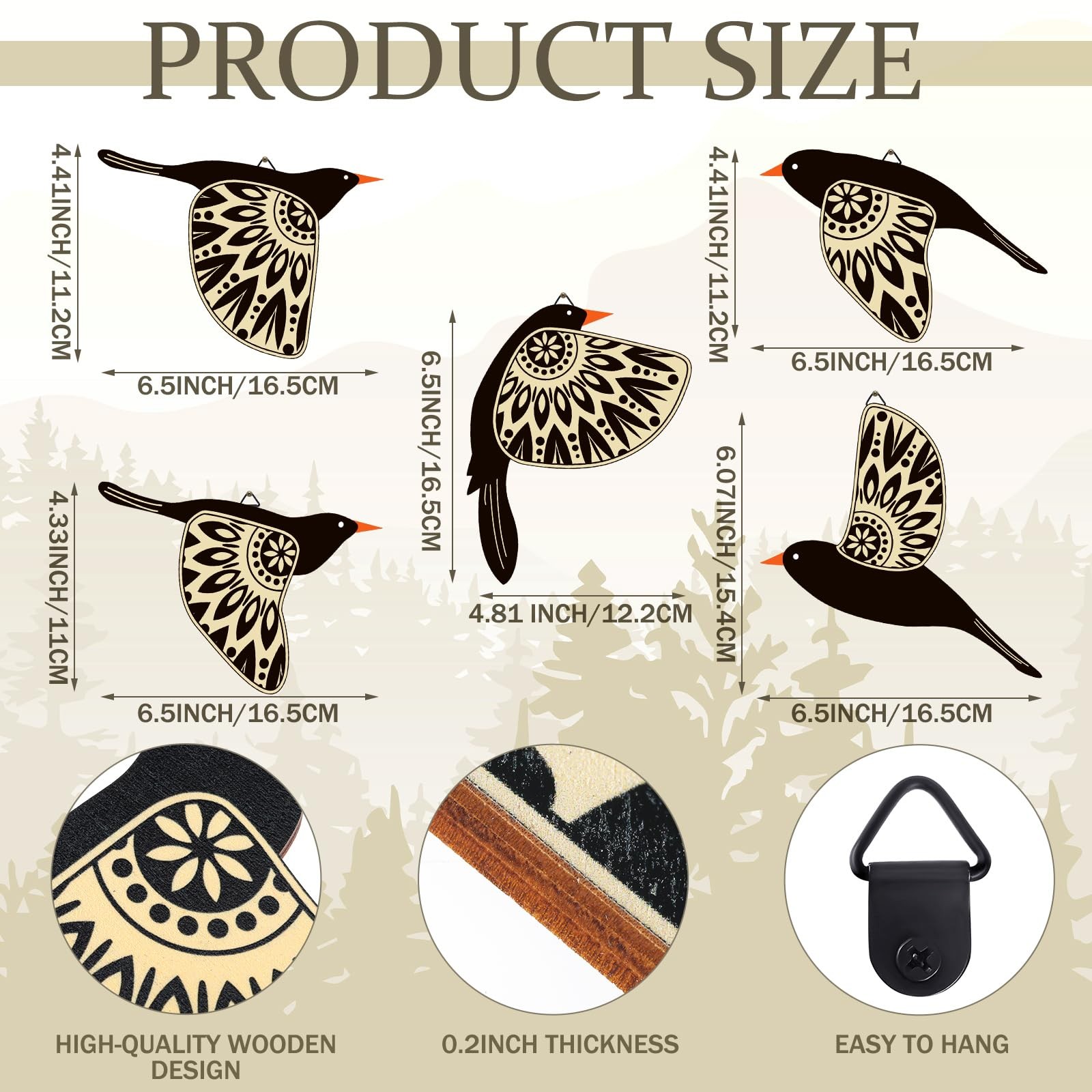 5 Pcs Wooden Bird Wall Art Wood Flying Birds Wall Decor Rustic Folk Art Scandina