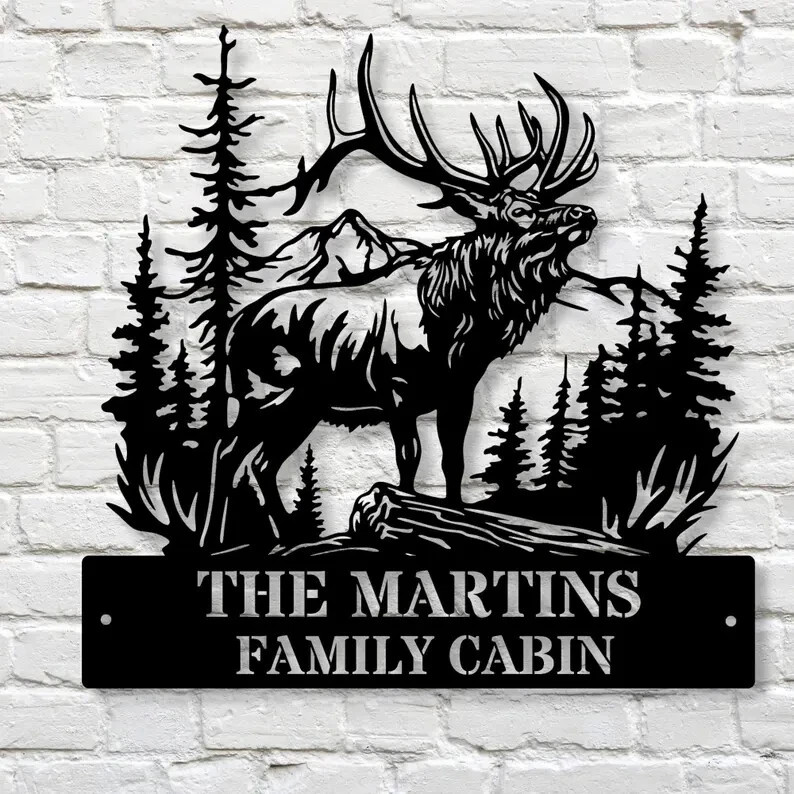 Personalized Elk Metal Sign Custom Family Name Monogram Wildlife Wall Art Decor