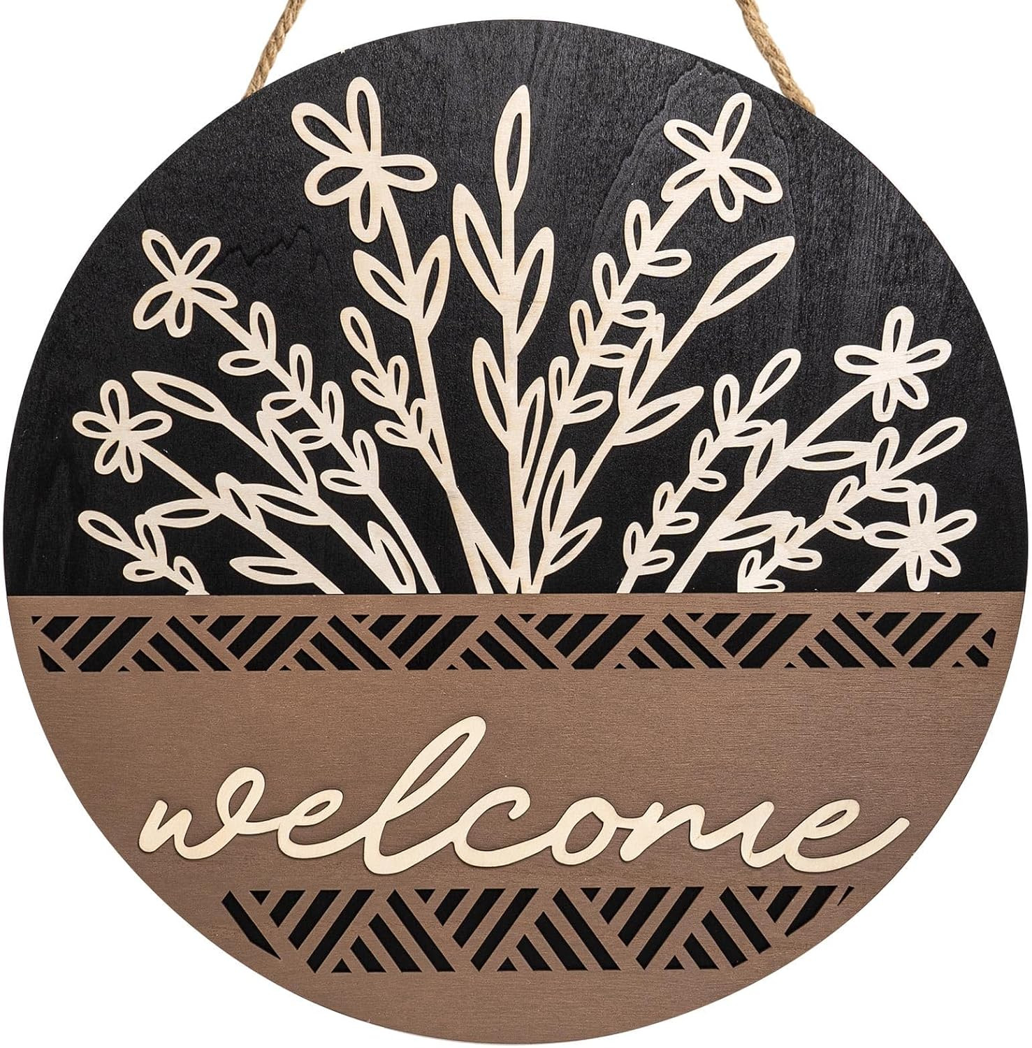 3D 17.7″ Welcome Sign for Front Door, Large Black Wooden Flower Door Hanger