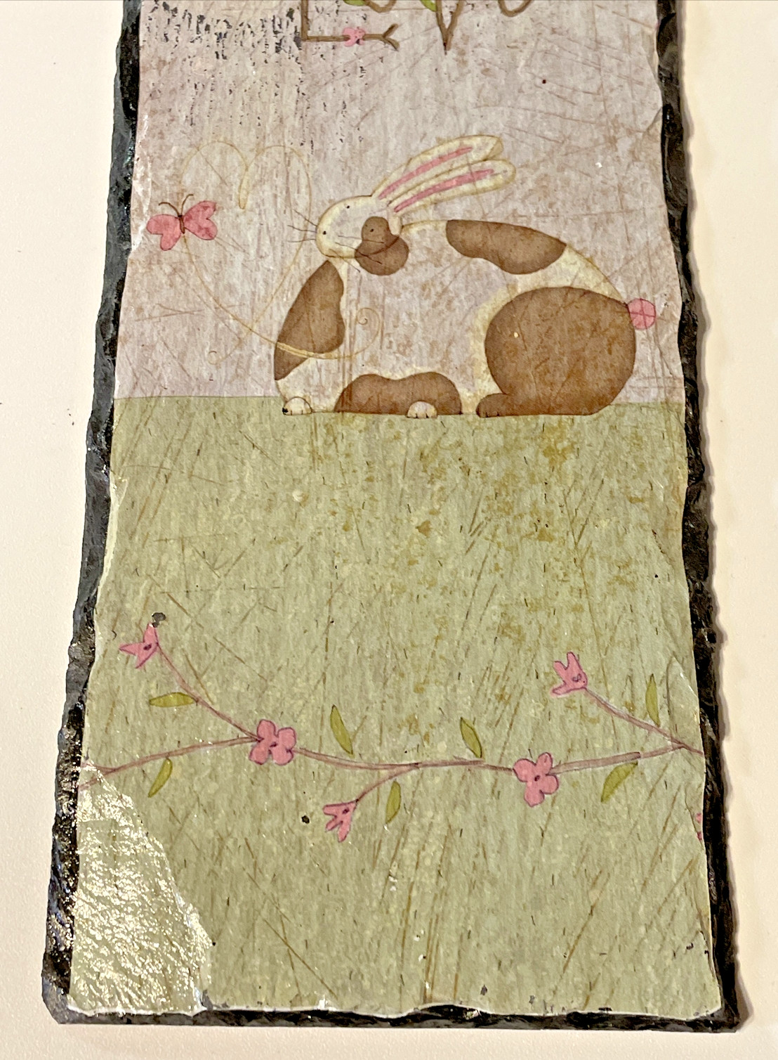 Rectangular Slate Wall Decor Bunny & Butterfly Design Distressed “Love”