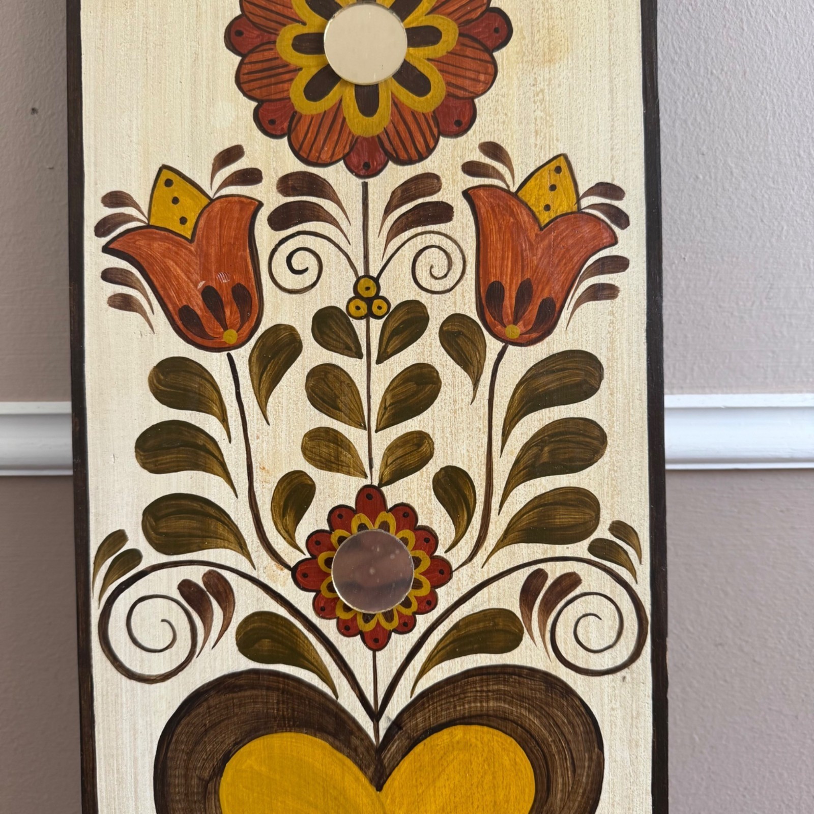 Hand-Painted Folk Art Wooden Wall Plaque With Heart & Floral Design