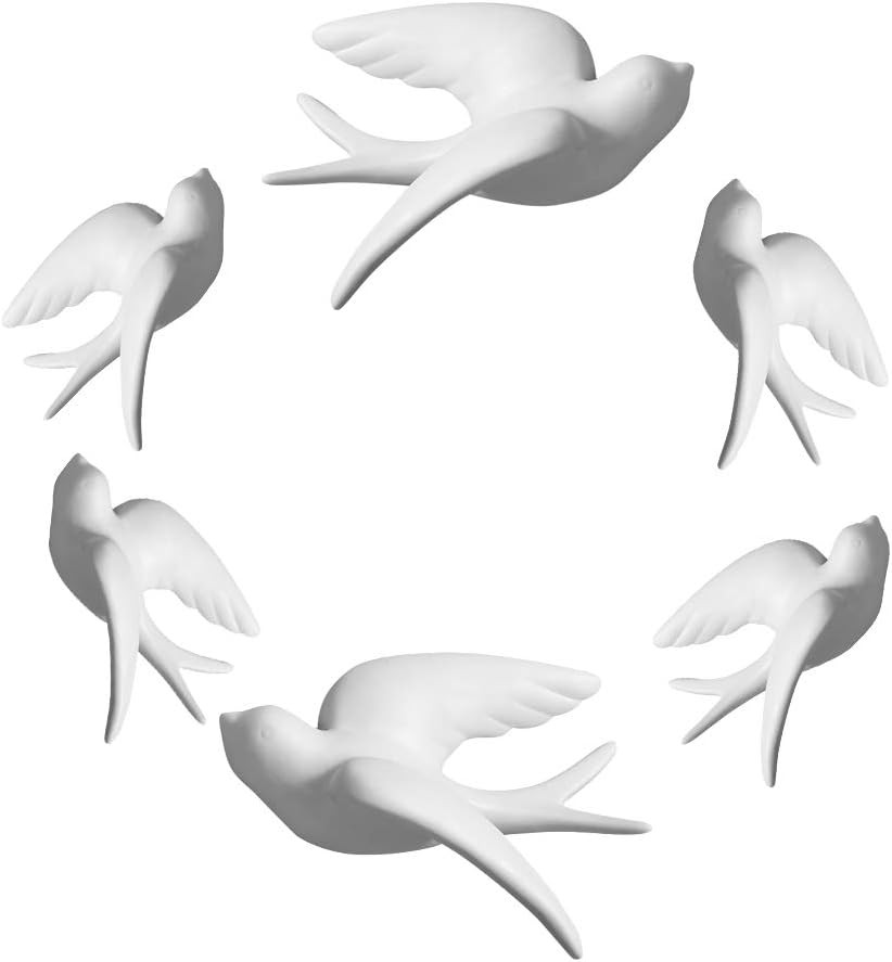 Set of 6 White Ceramic Birds Doves Sparrows Swallows Wall Mounted Decor Hanging