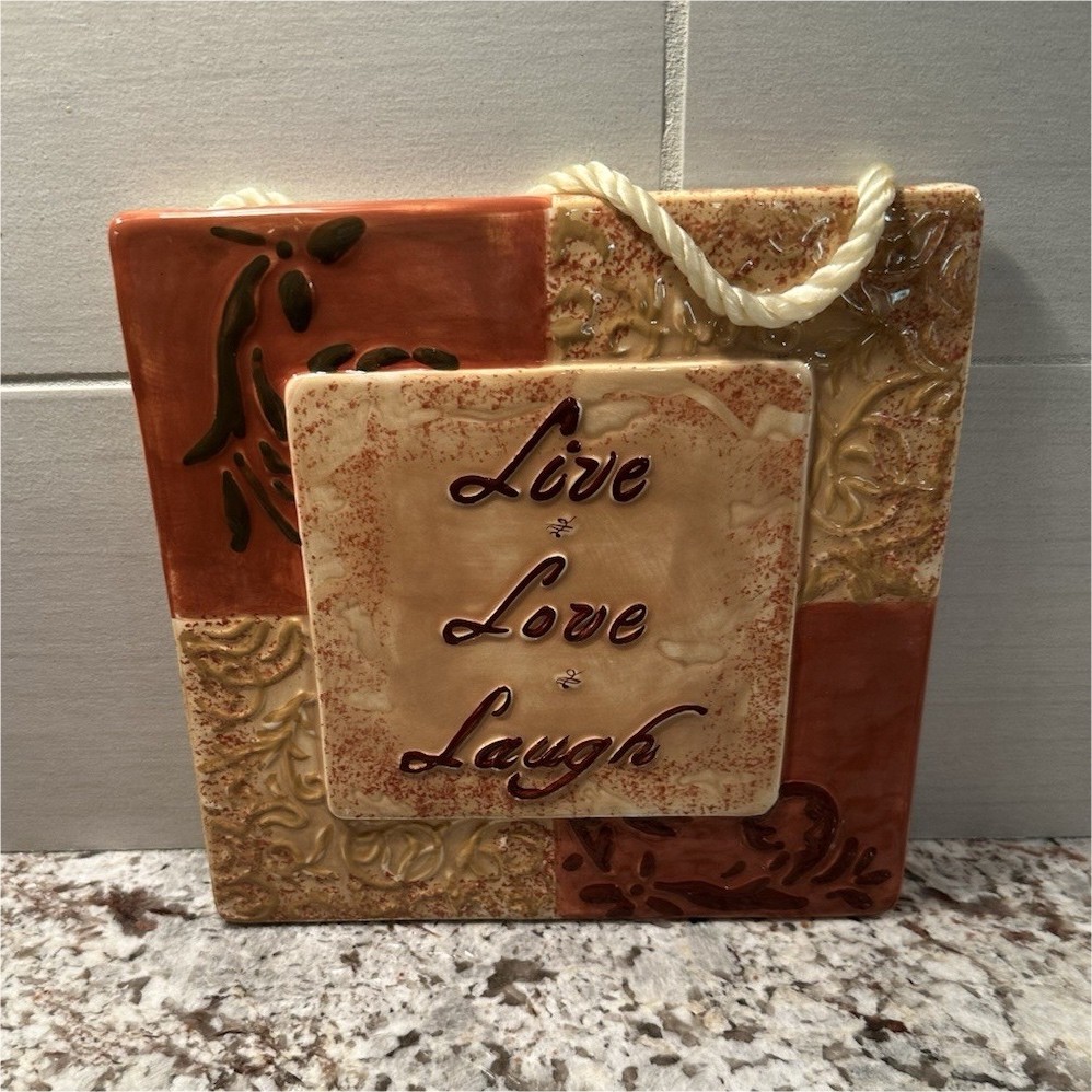 Live Love Laugh Ceramic Square Hanging Wall Plaque, Beige Brown Glossy Textured