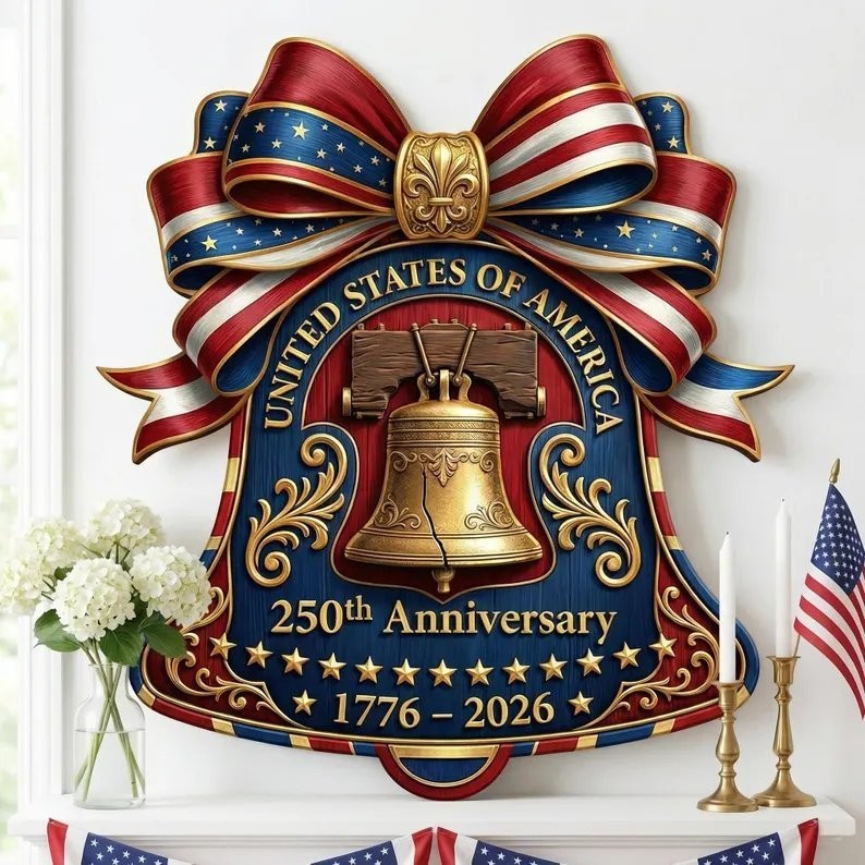 USA 250th Anniversary Wooden Liberty Bell Sign, 1776-2026 Decor