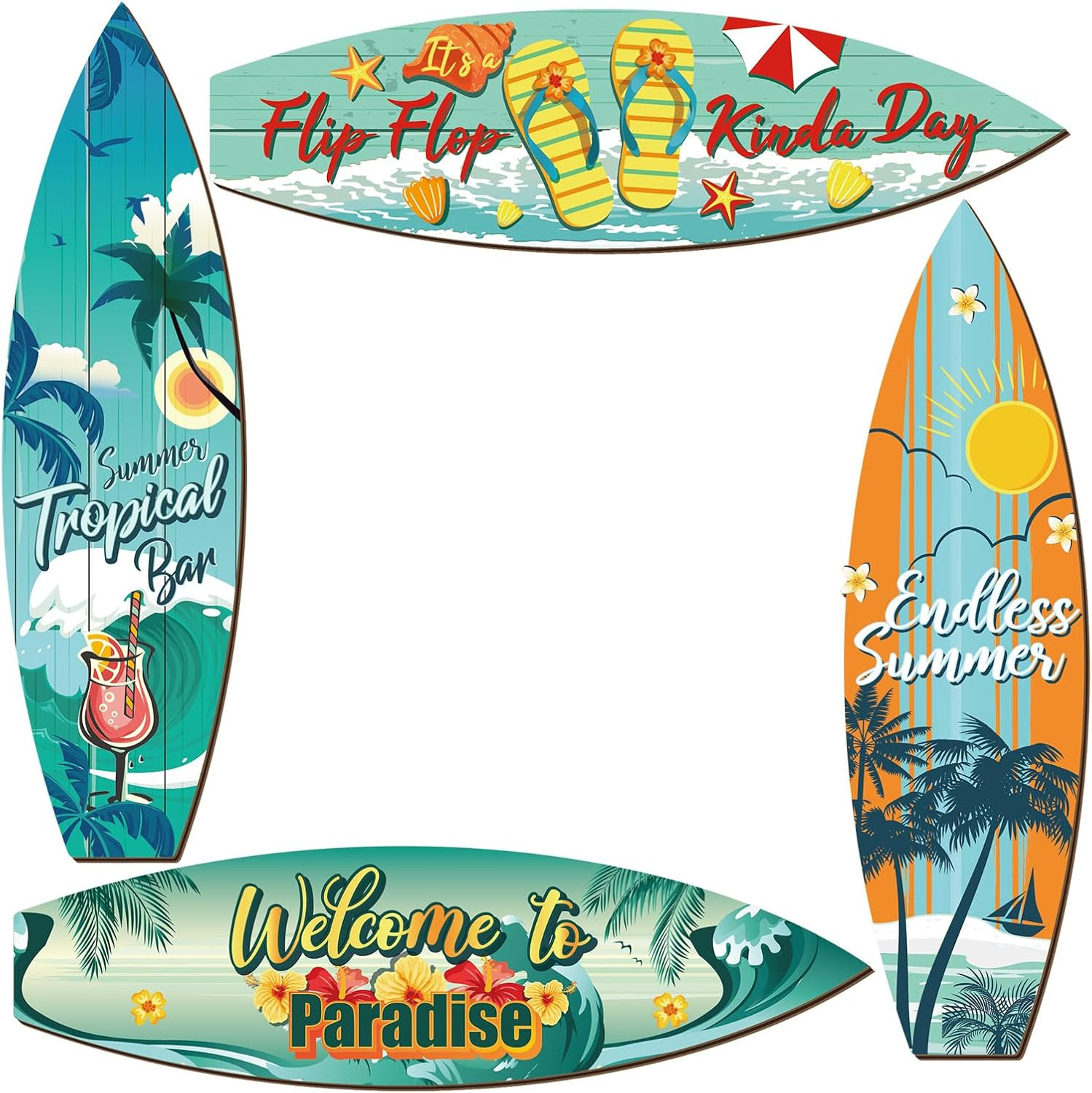 4 Pcs Surfboard Decor Hawaiian Wooden Beach Wall Decor Tiki Tropical Bar Decorat