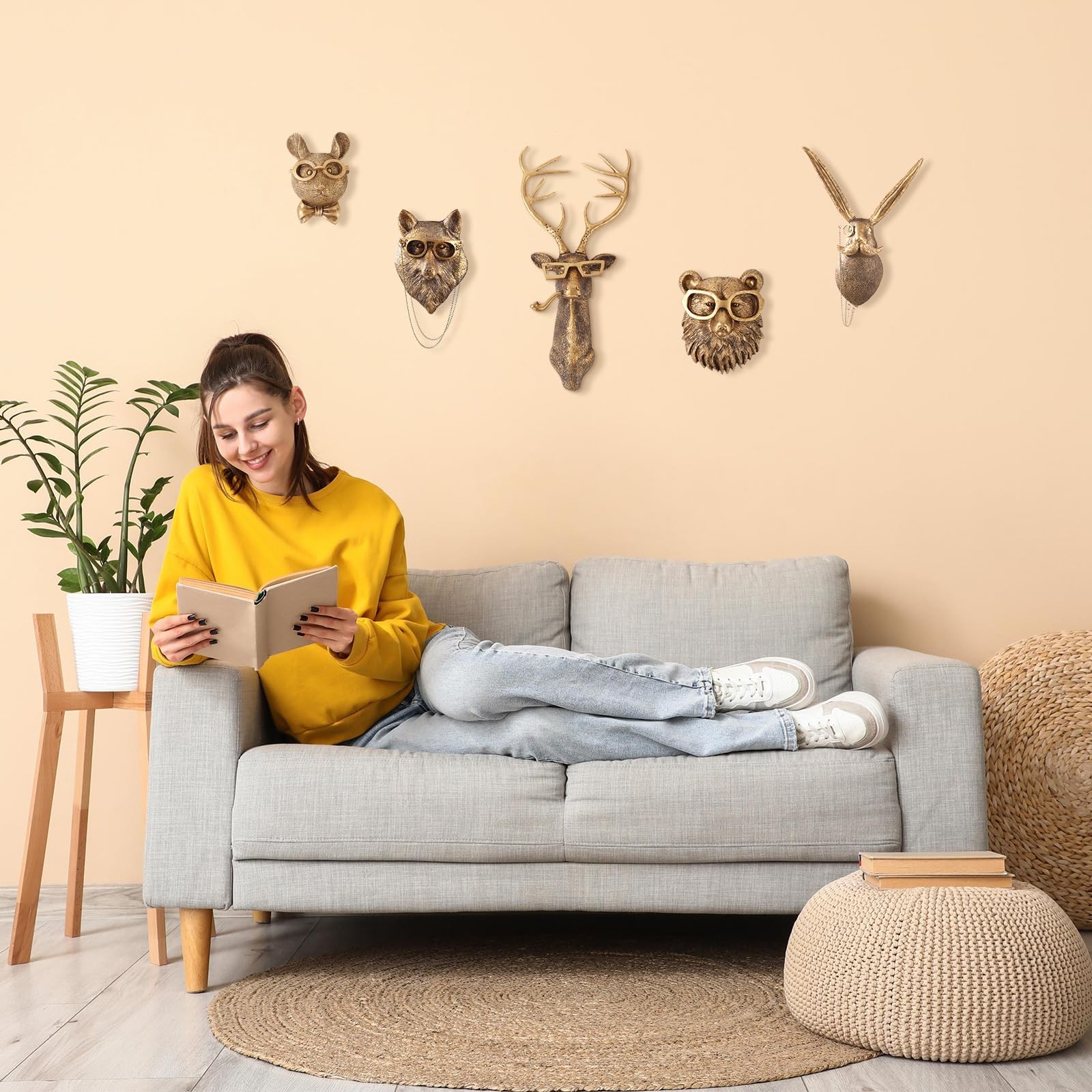 5 PCS Animal Head Wall Decor Gold Sculpture Modern Office Bedroom Art Mount