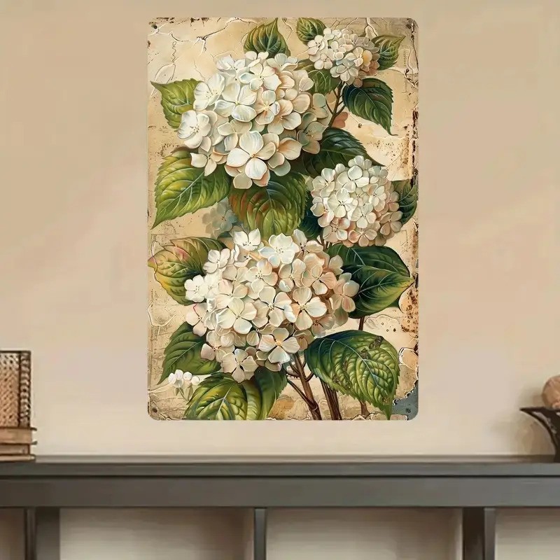 White Hydrangea Metal Sign – Vintage Botanical Tin Wall Art Decor Plaque