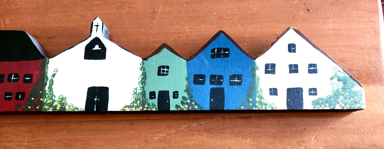 VTG Folk Art Decor Row of Colonial Houses Handmade Wooden Signed by Artist