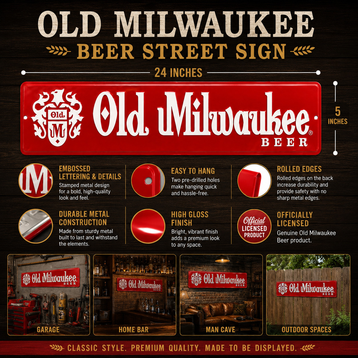 Old Milwaukee Beer Sign Embossed Metal Street Sign 24″ x 5″ Bar Wall Decor