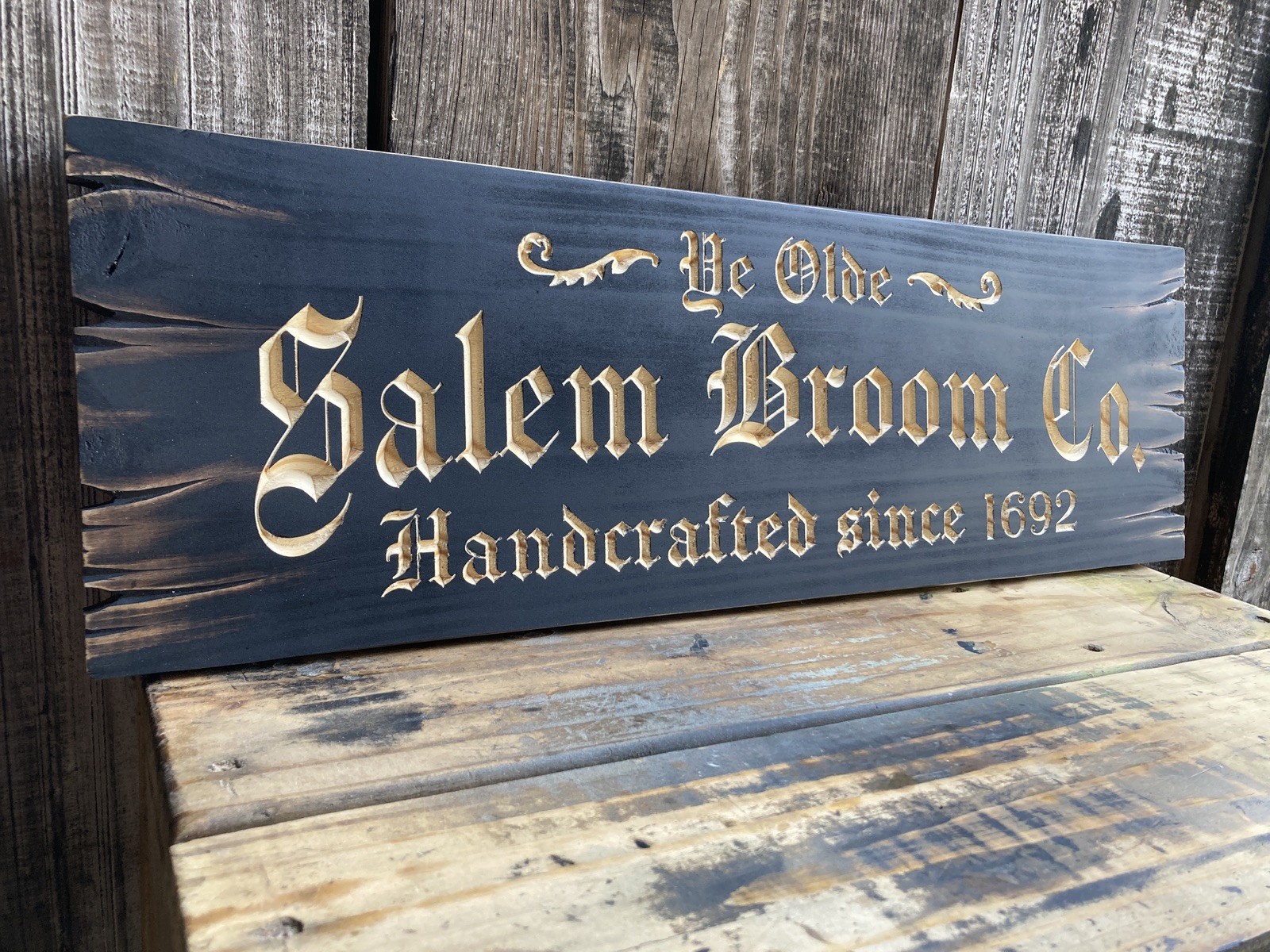 Halloween Salem Witch Broom Wooden Sign Carved Rustic Antique Look