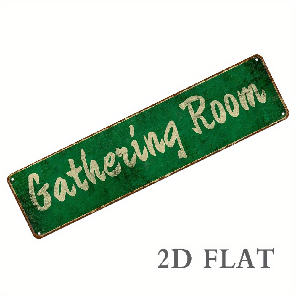 Vintage Metal Iron Sign “Gathering Room” Wall Art 4X16In Rustic Green & Golden