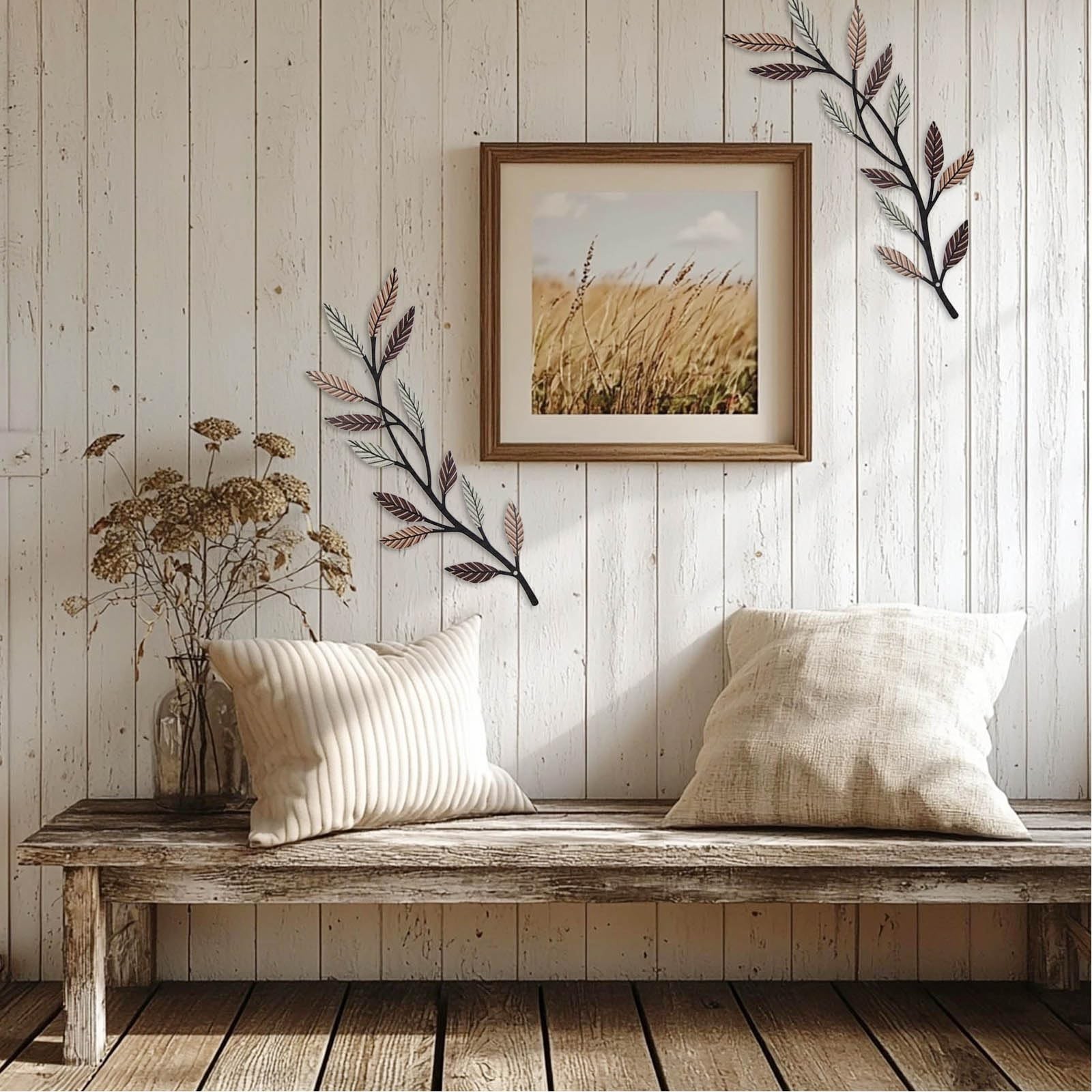 Metal Tree Leaf Wall Decor 2 PCS Rustic Vine Branch Leaf Wall Art for Living …