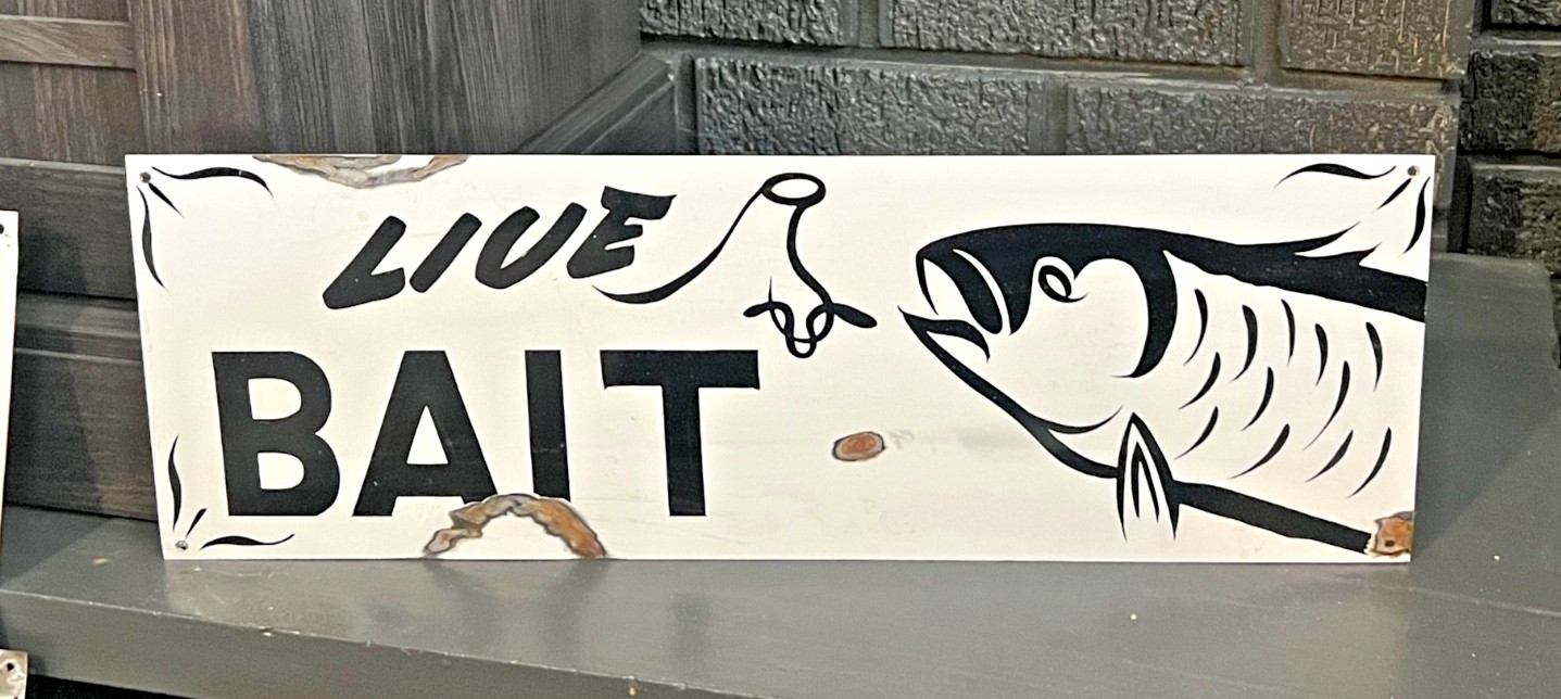 Vtg Hand Painted LIVE BAIT Fishing Worms Rusty Barn Tackle Lure Lake Store Sign