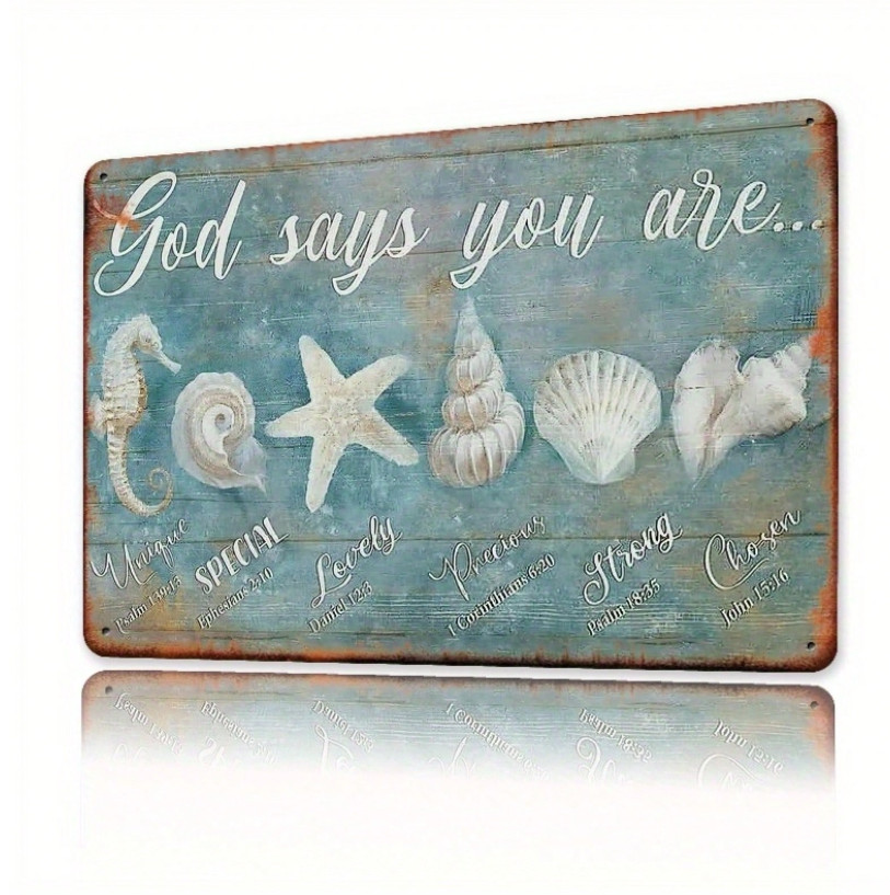 Vintage Coastal Metal Wall Art Bible Verse Seashell Starfish Beach Sign