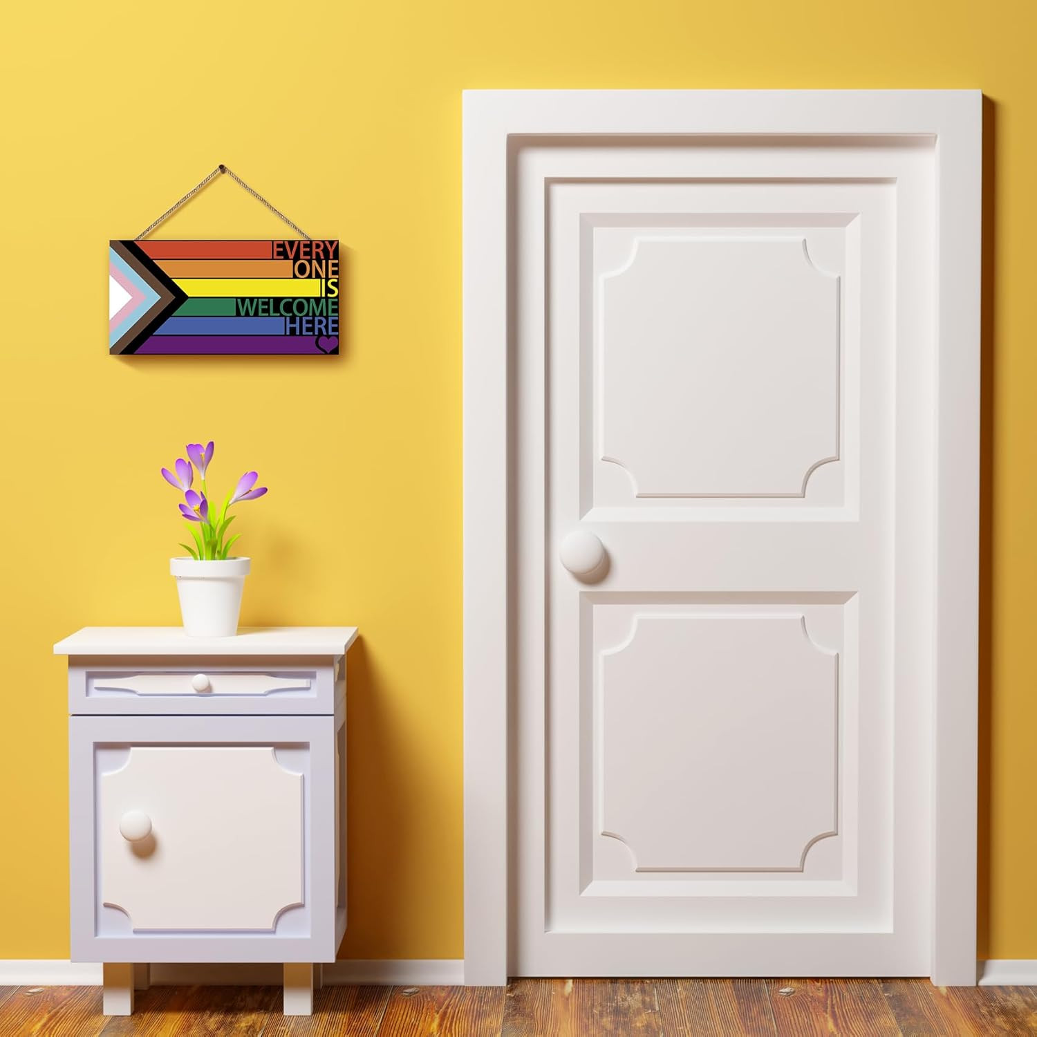 LGBT Rainbow Sign Front Door Decor, Every One Is Welcome Here Pride Flag Wooden