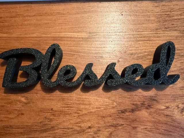 Blessed Shelf Sitter – 8″ x 2″ Black Script Decor – Farmhouse / Modern Home Acc