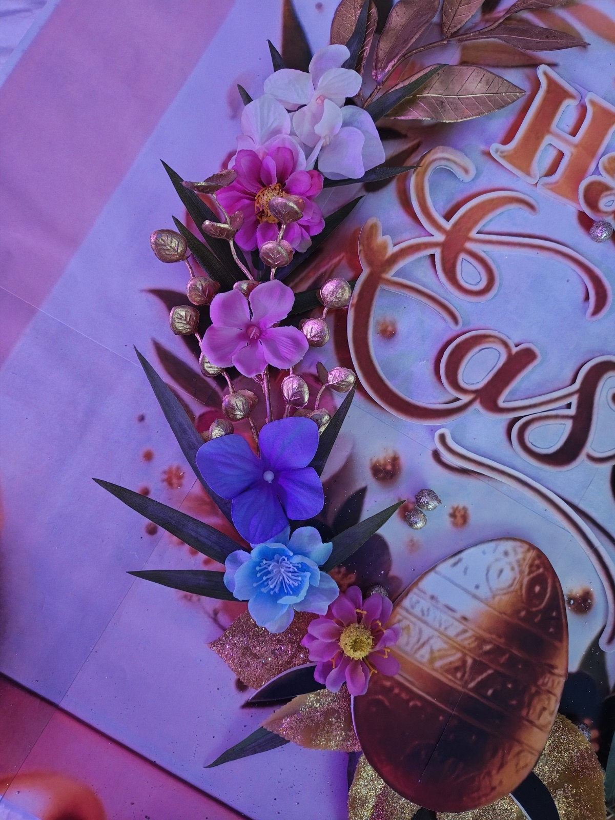 Easter Floral Wall Sign with 3D Effect, Pink Gold Purple Festive Decor, Large