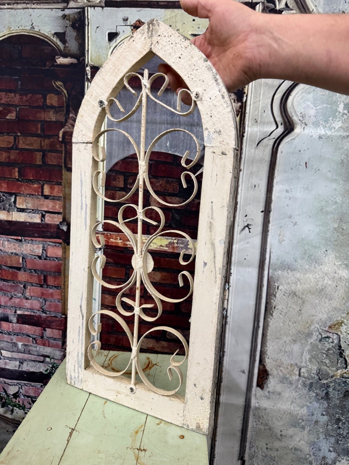 Vintage Rustic Distressed White Metal Arch Window Wall Decor Farmhouse Chic