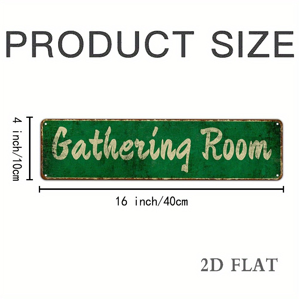 Vintage Metal Iron Sign “Gathering Room” Wall Art 4X16In Rustic Green & Golden