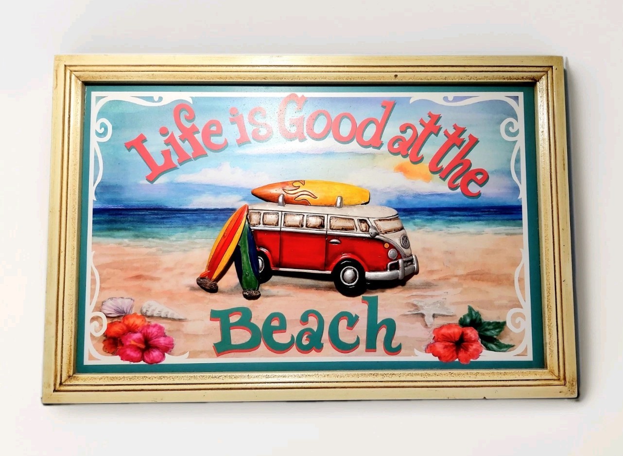 VW Van“life Is Good”Surfing Beachcomber 2009 Wall Picture 17″Wood 3D Sign BoHo