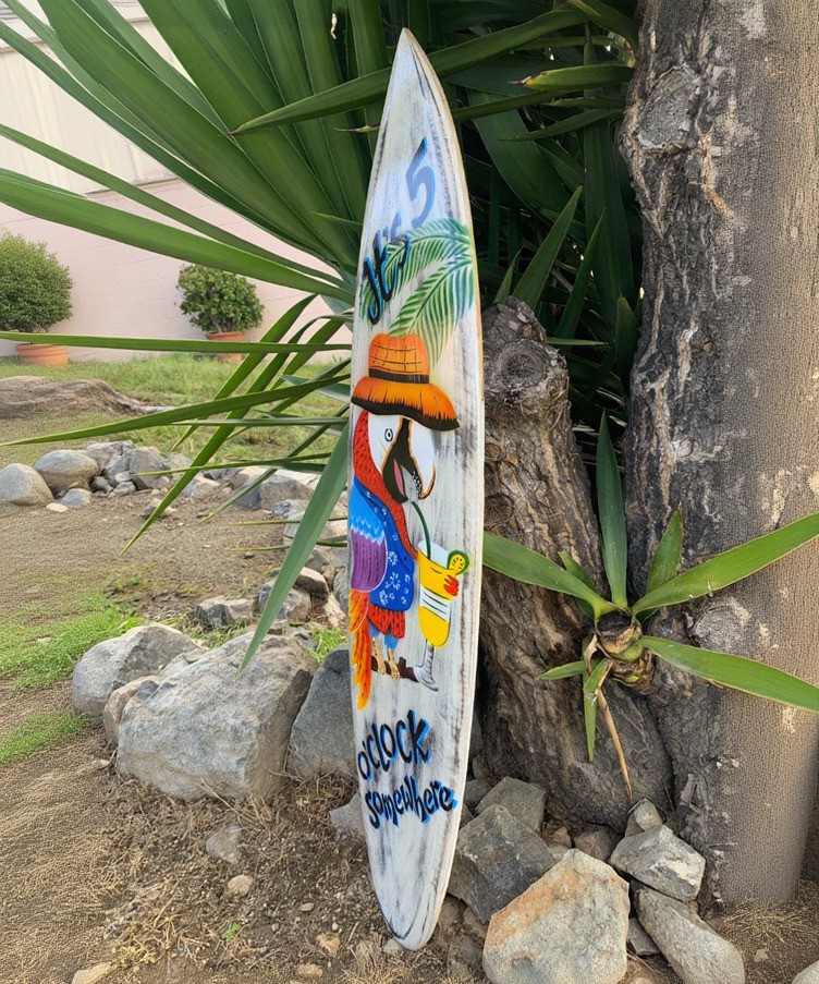5 O’ Clock Somewhere Parrot Surfboard Wall Plaque Mango Wood 39″x 10″ inches