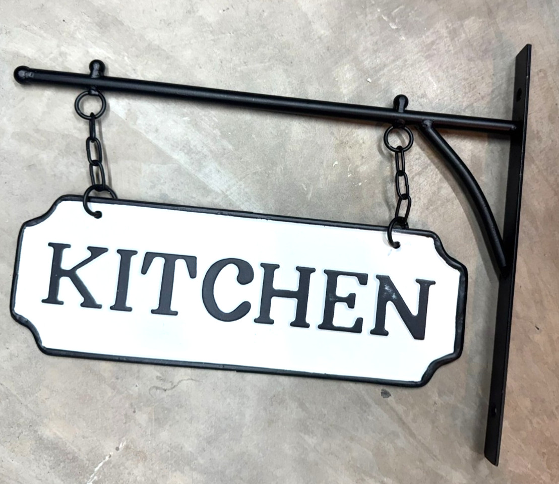 Black White Farmhouse DOUBLE SIDE Enamel Metal KITCHEN SIGN Wall Hanging Bracket