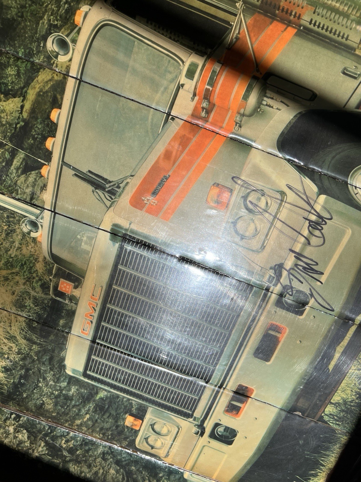 Vtg. GMC General Big Rig Semi Truck Signed XL 36×24 Wood Plaque Glossy Wall Art