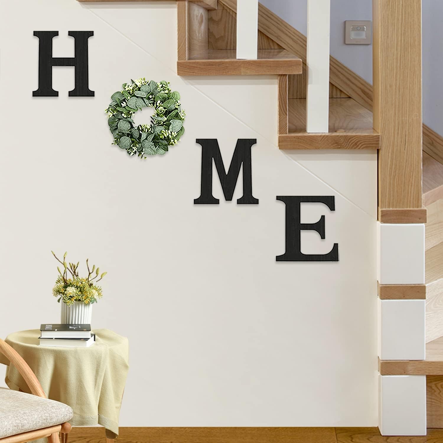 4 Pcs Rustic Wood Home Sign with Eucalyptus Wreath Wall Decor for Farmhouse Room