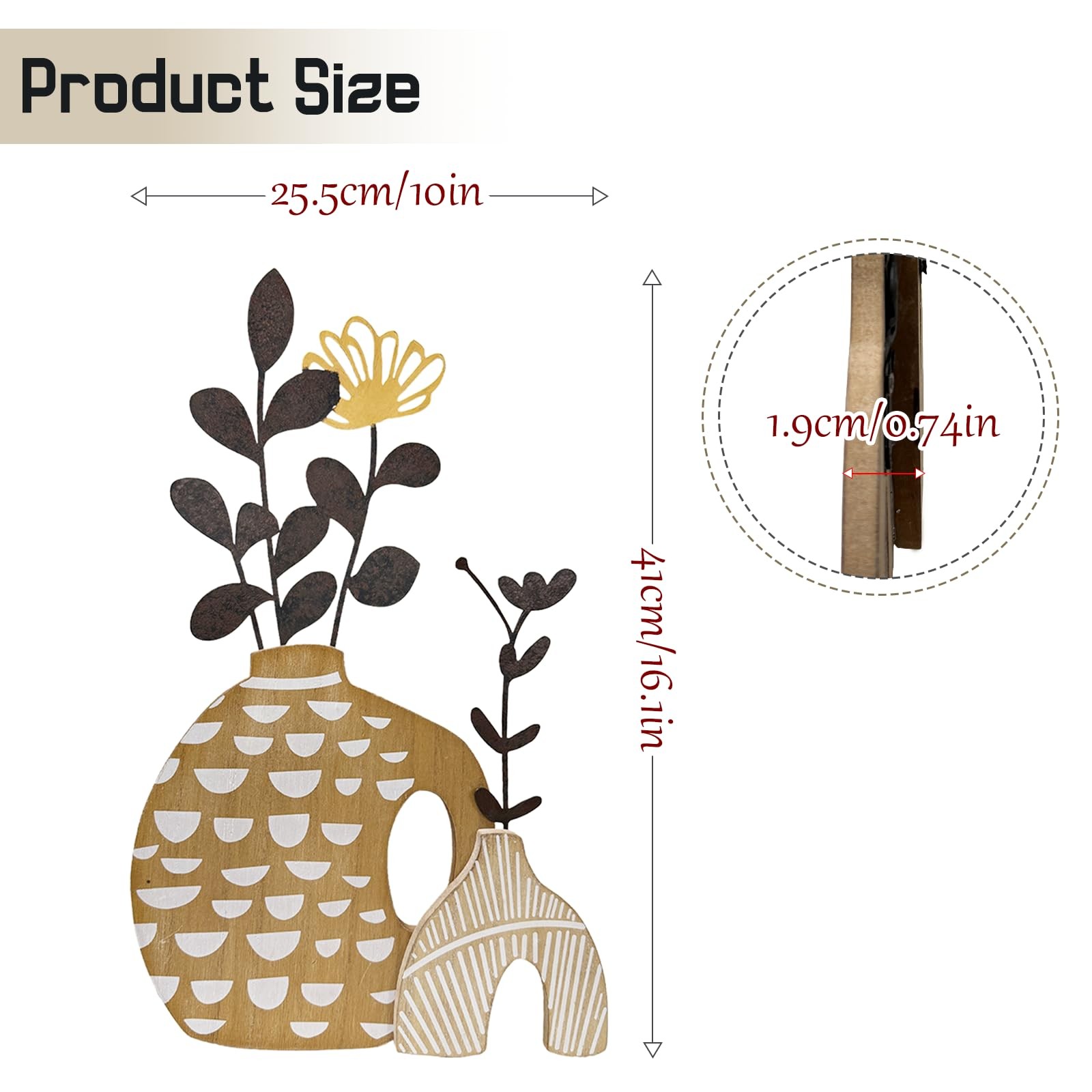 Rustic Metal and Wood Flowers Wall Art, Bohemian Vase with Flower Design, Bla…