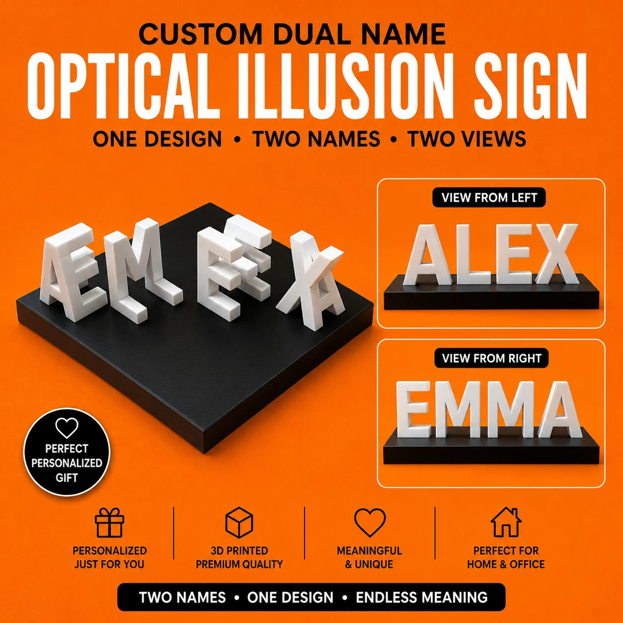 Personalized Dual Name Optical Illusion Sign Custom 3D Printed Decor Ambigram