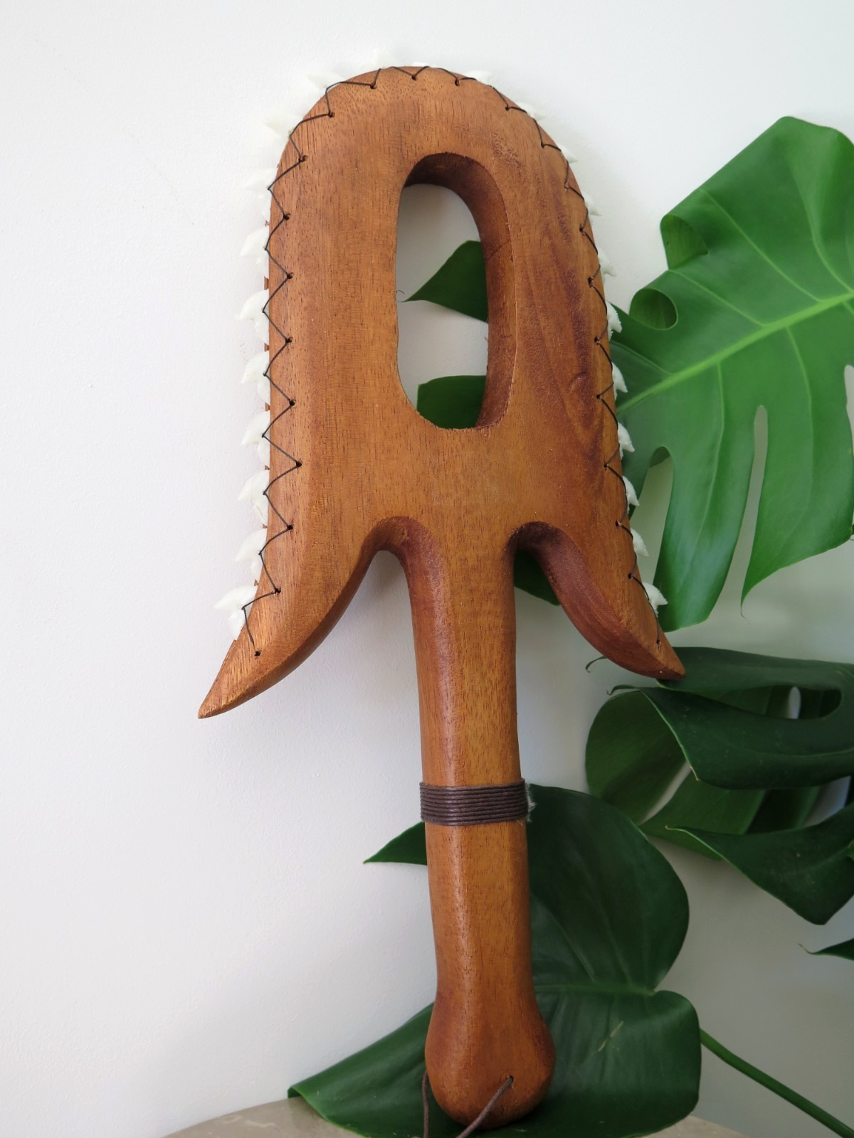 Hawaiian Hand Made Wall Decor Wood Carved Lei O Mano Resin Shark Teeth Tribal