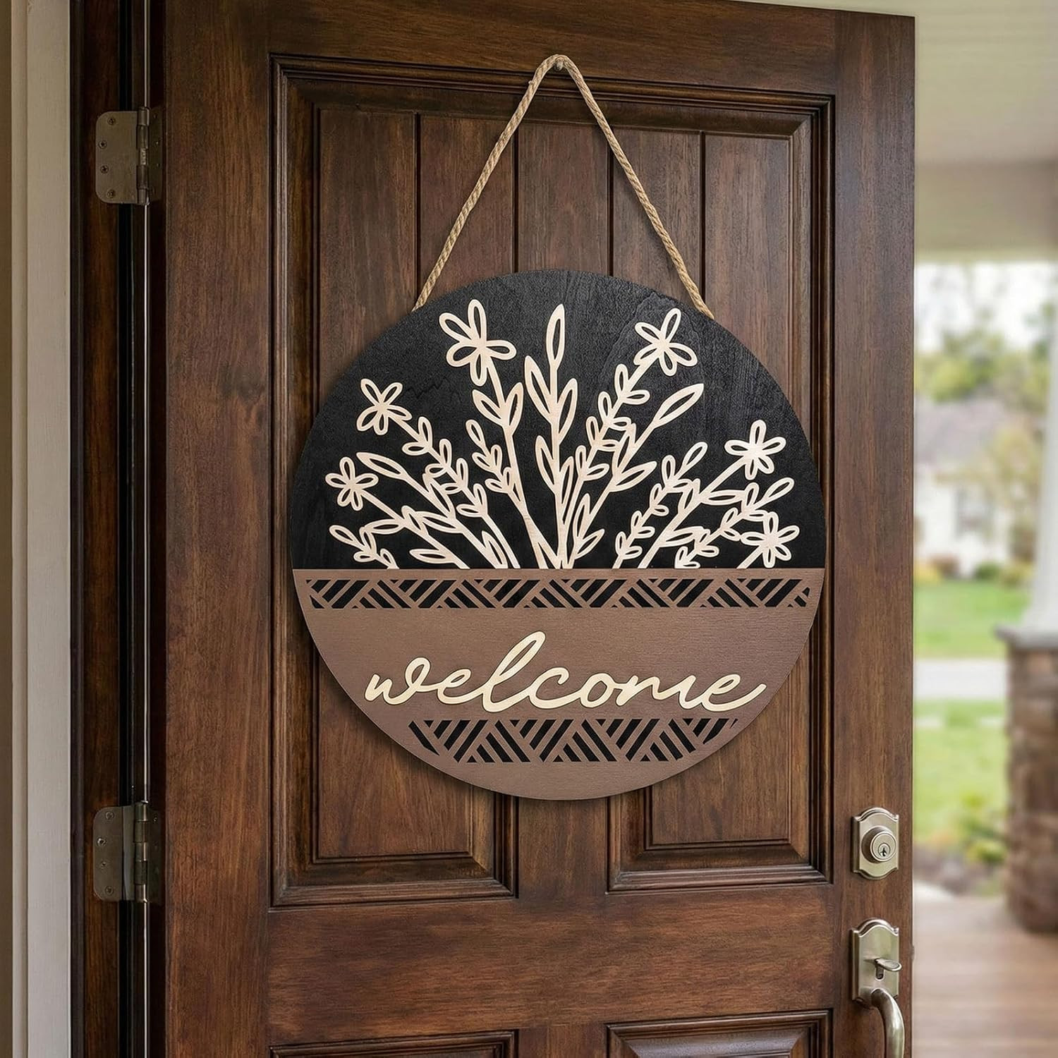 3D 17.7″ Welcome Sign for Front Door, Large Black Wooden Flower Door Hanger