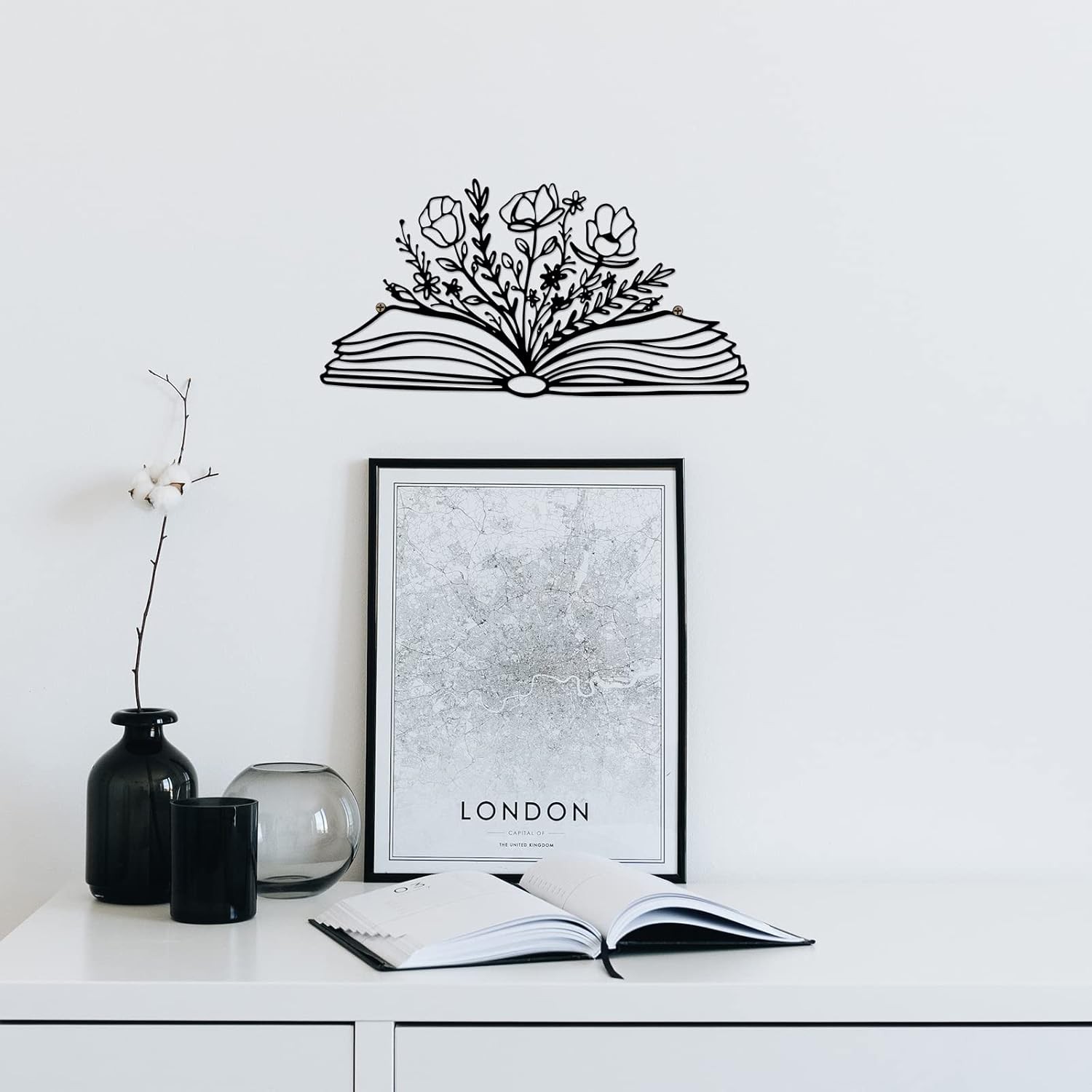 14 x 7 Inch Reading Sign Decorations Book Lover Black Metal Book Flower Wall Art