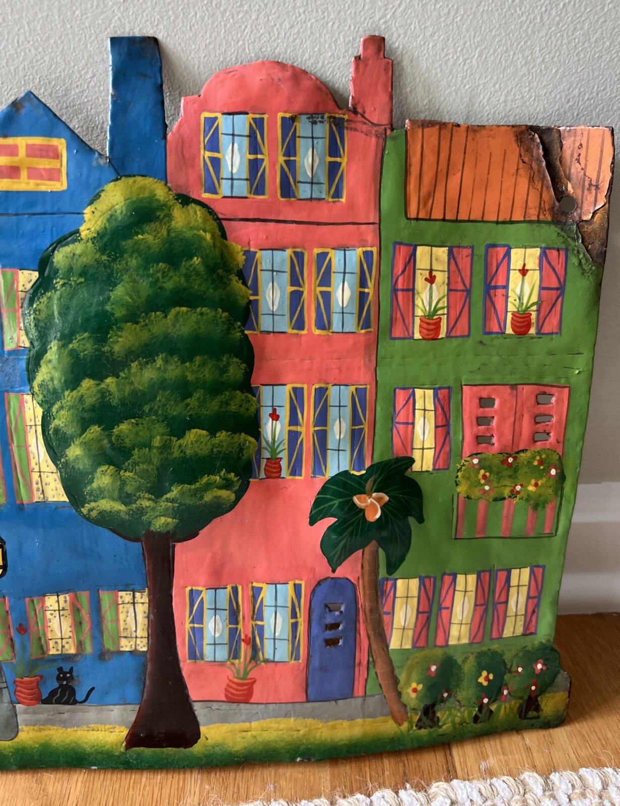 Row Houses Metal hand painted row of houses wall hanging fontaine 12 x 21 1/2