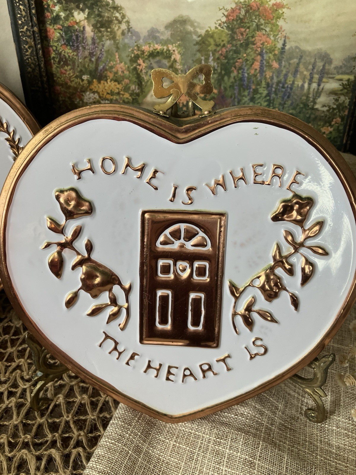 Vintage Heart Wall Hangings Plaques – Copper & White – Cottage Kitchen Decor