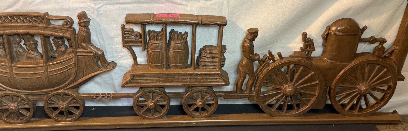 Vintage 1971 Syroco Steam Train Wall Plaque Faux Wood Locomotive Decor USA
