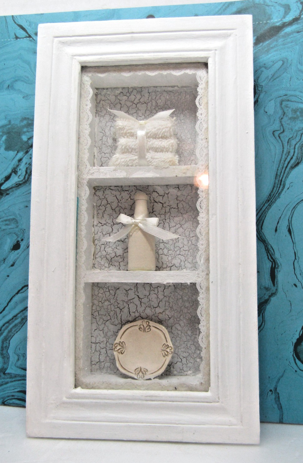 Bathroom Wall Decor Vintage White Wood Shadowbox Towels Bottle Dish