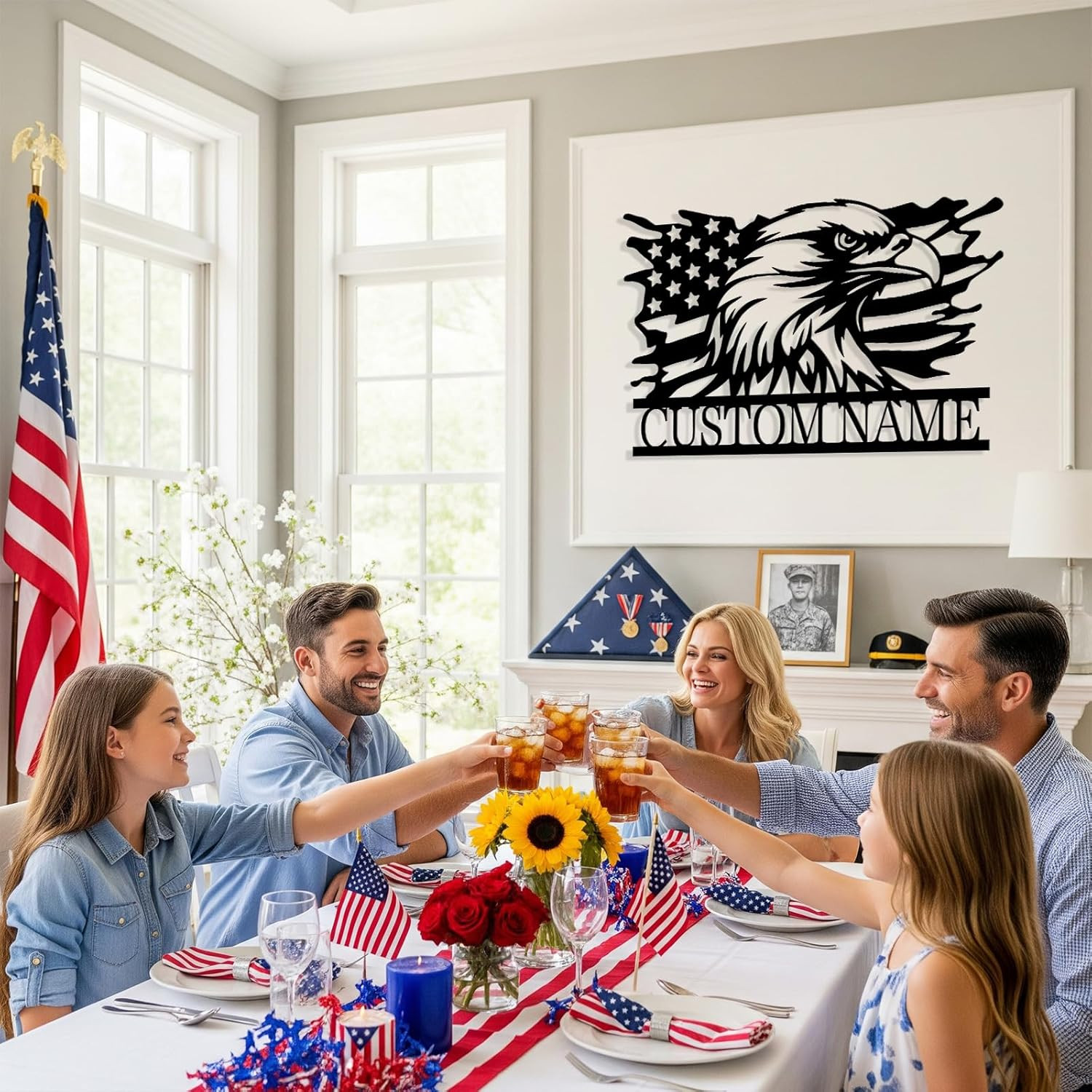 Personalized Eagle Metal Sign, Custom American Flag Wall Decor, Veteran Gift