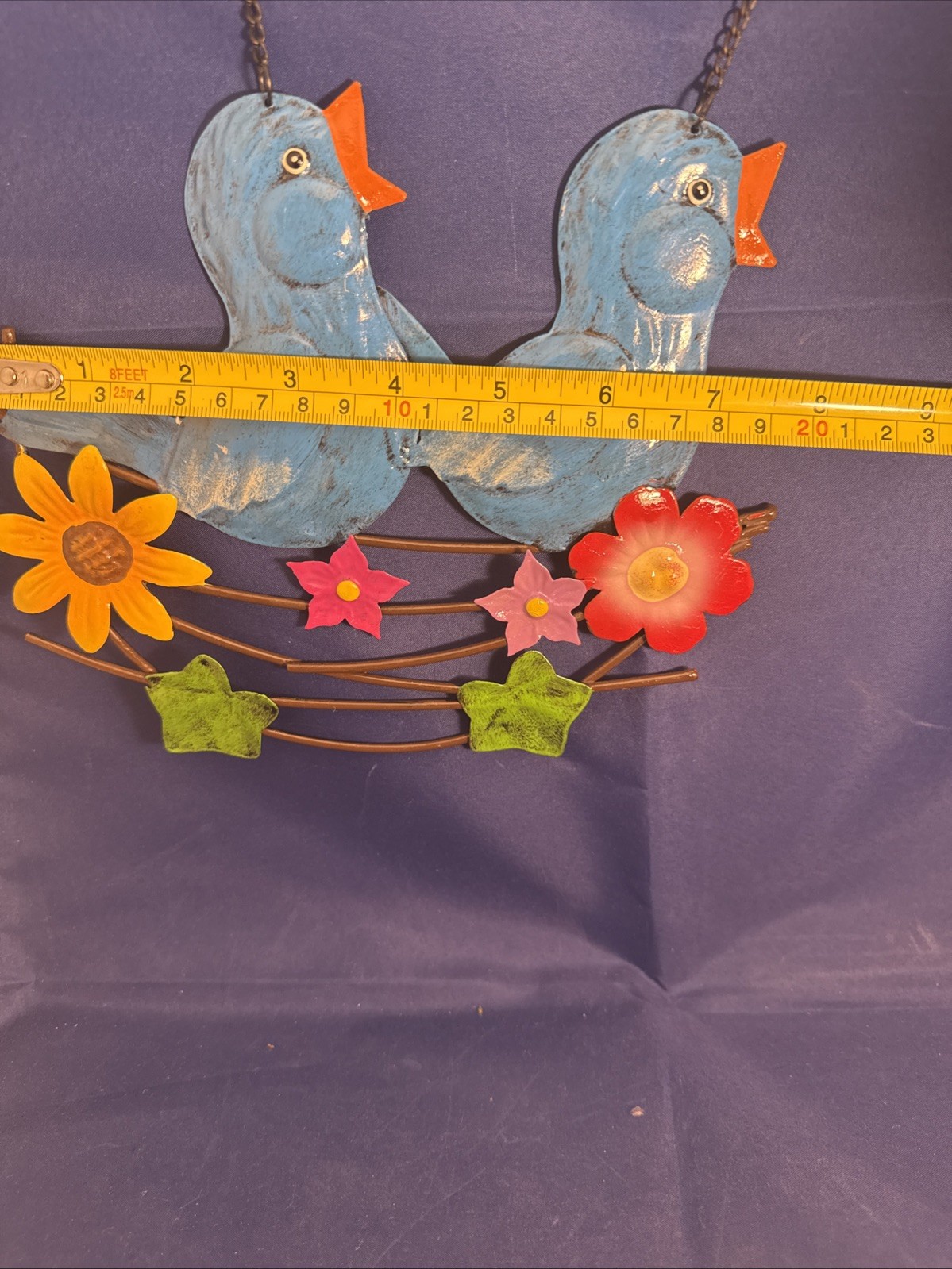 Vintage Metal Hand-Painted Welcome Bluebird Chicks Sunflower Flowers Sign