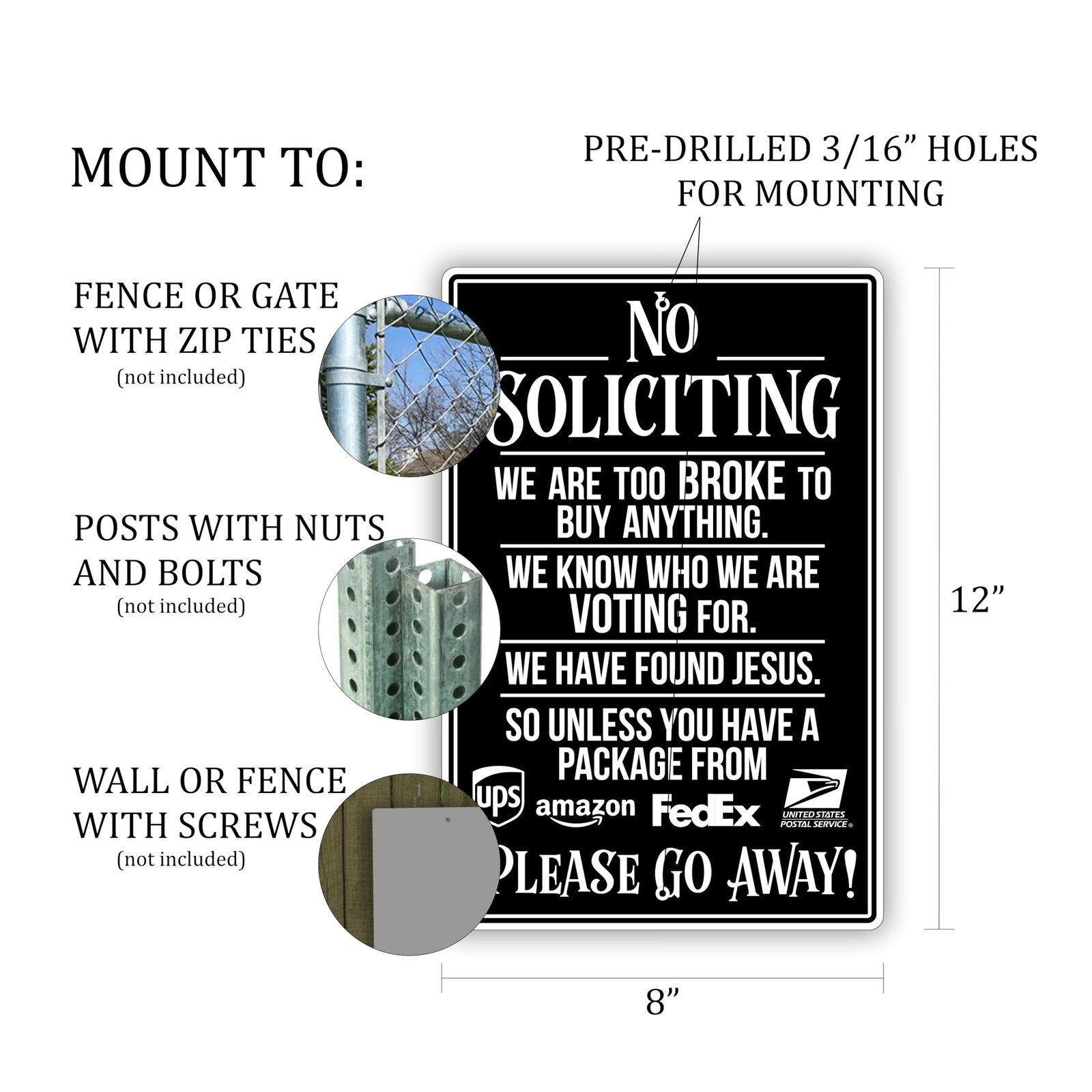 8×12 Funny No Soliciting Sign Aluminum White Indoor Outdoor