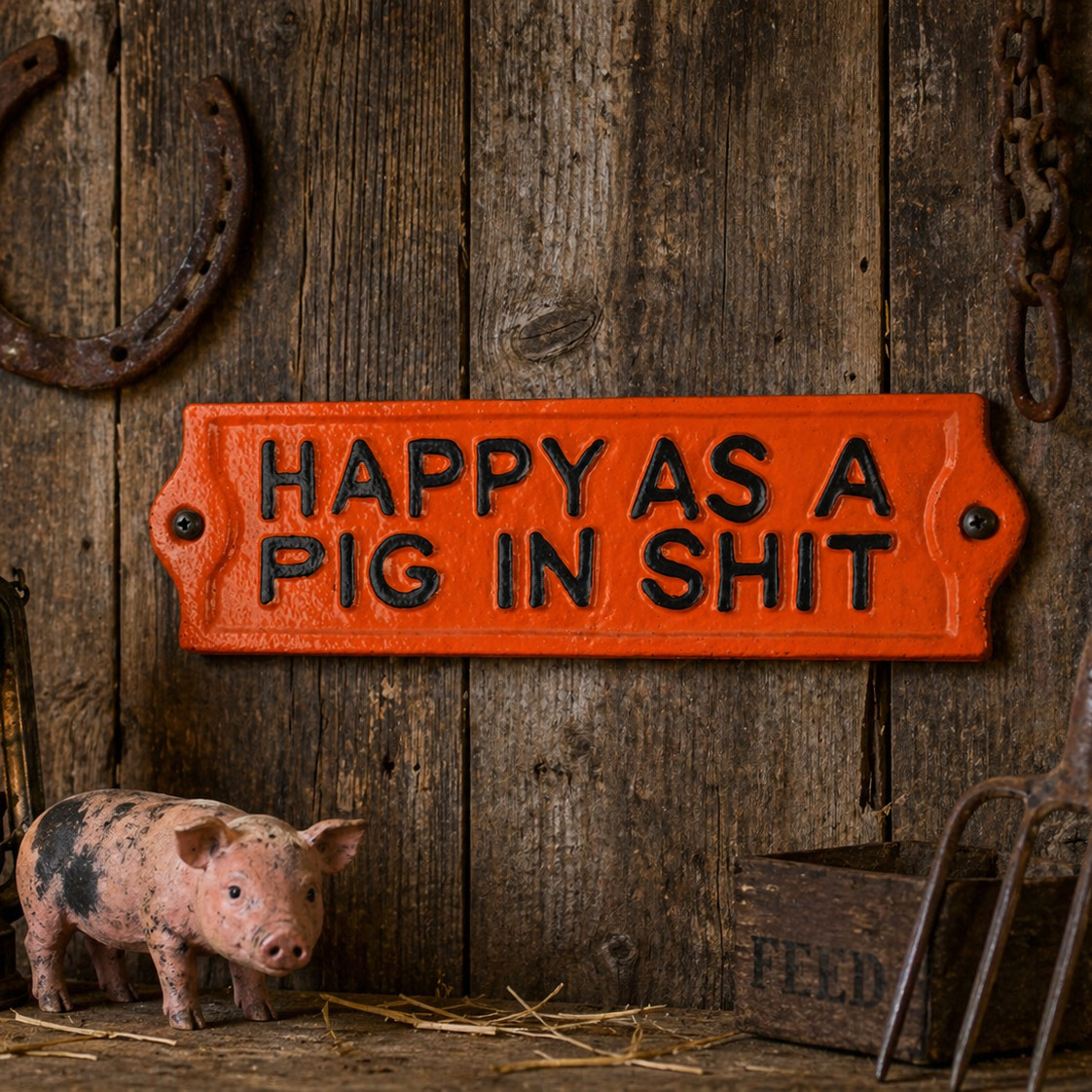 Cast Iron Happy As a Pig in Shlt Wall Decor Sign Glossy Orange Black 7.5 inch