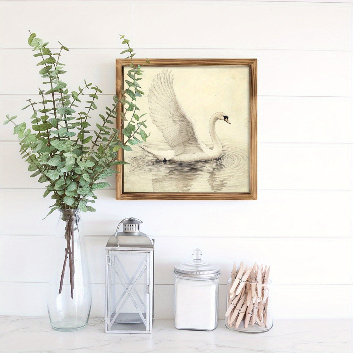 Vintage White Swan Wooden Framed Wall Art Decor Vintage Farmhouse Plaques Sign
