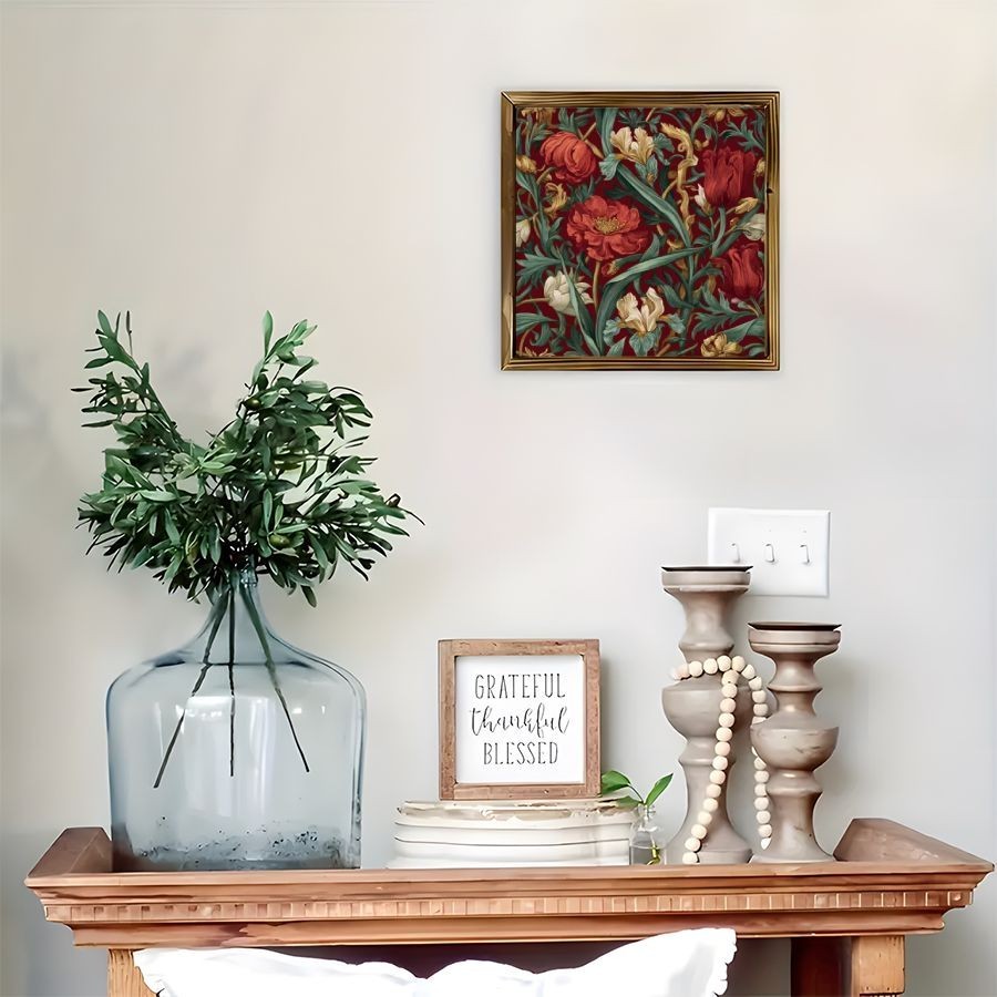 Vintage Red Floral Pattern Wooden Frame Sign Rich Red Green Botanical Wall Art
