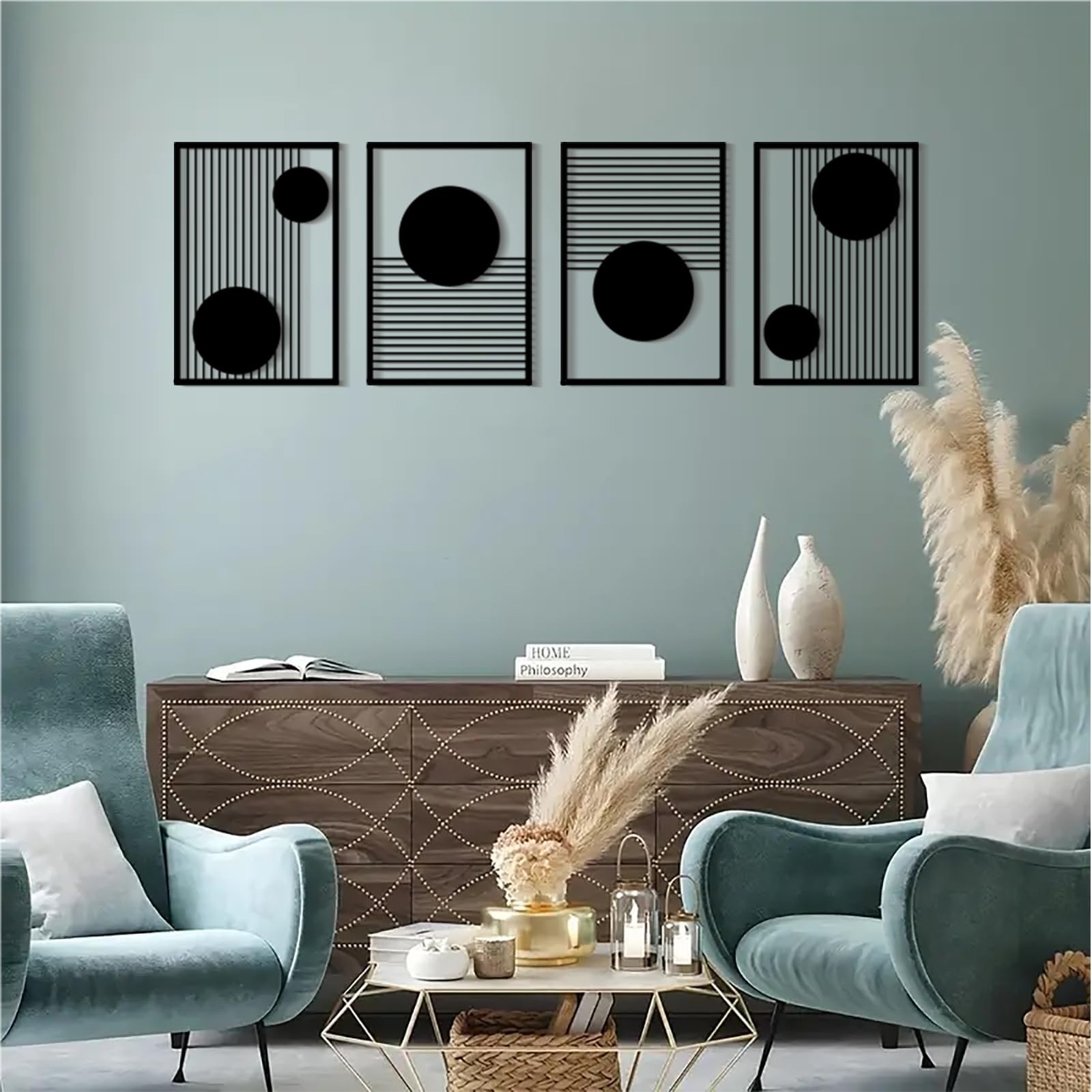 Large 2 Pcs Abstract Metal Wall Art, Black Geometric Decor for Home Office