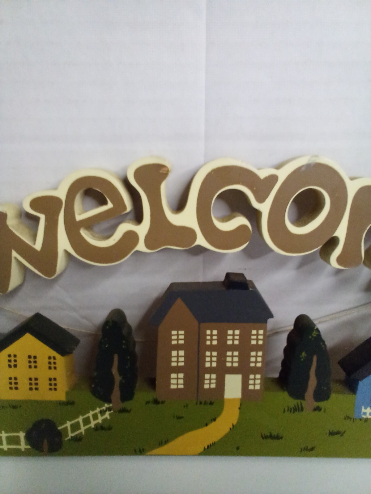 Vintage Folk Art Welcome Sign Houses Trees Hand Painted Cottagecore 19″ x 7″