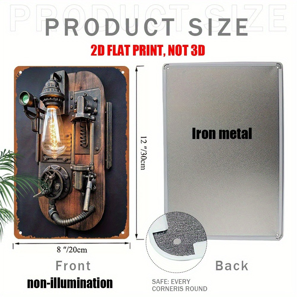Steampunk Mechanical Lamp Metal Tin Sign Retro Industrial Wall Decor Loft Studio