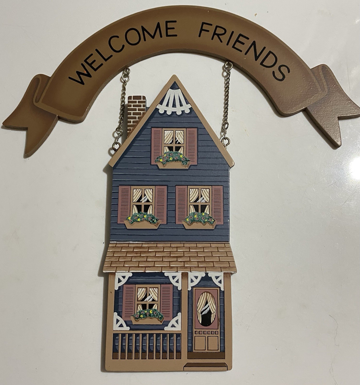 Welcome Friends Wood Wall Hanging Victorian Style House 11” X 11”