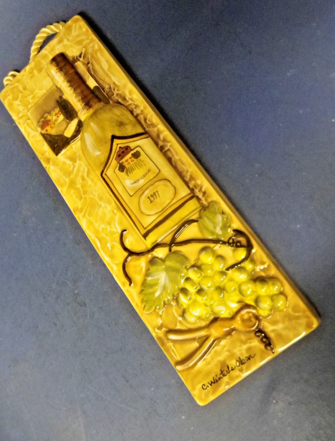 Wall Art 3D Plaque Glossy Ceramic Wine /Grapes Signed C. Winterle Olson 12″ x 4
